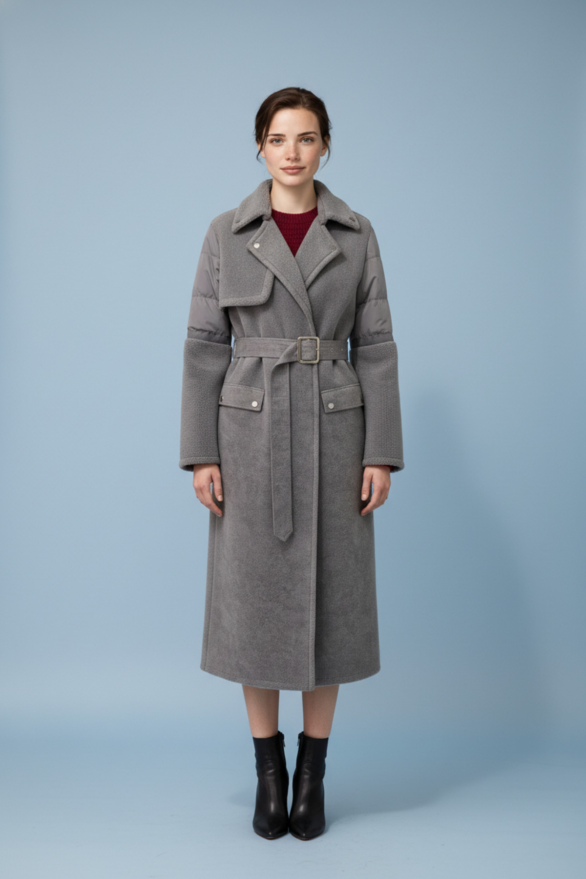 PAOLO FRAMINCO  PF-102 KUZU DERİSİ KOYU GRİ UZUN ŞİŞME KUMAŞLI PALTO