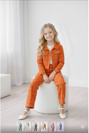 LaxVan Kız Çocuk Ekoseli Tüvit Ceket Pantolon Takım - Şık İkili Takım