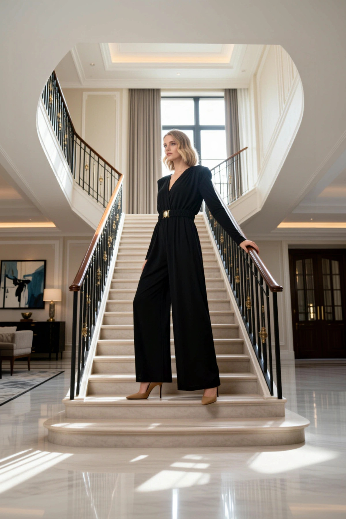 سرهمی زنانه یقه کراواتی آستین بلند با پد شانه، دارای کمربند و پاچه گشاد، فیت رگولار، پارچه سندی