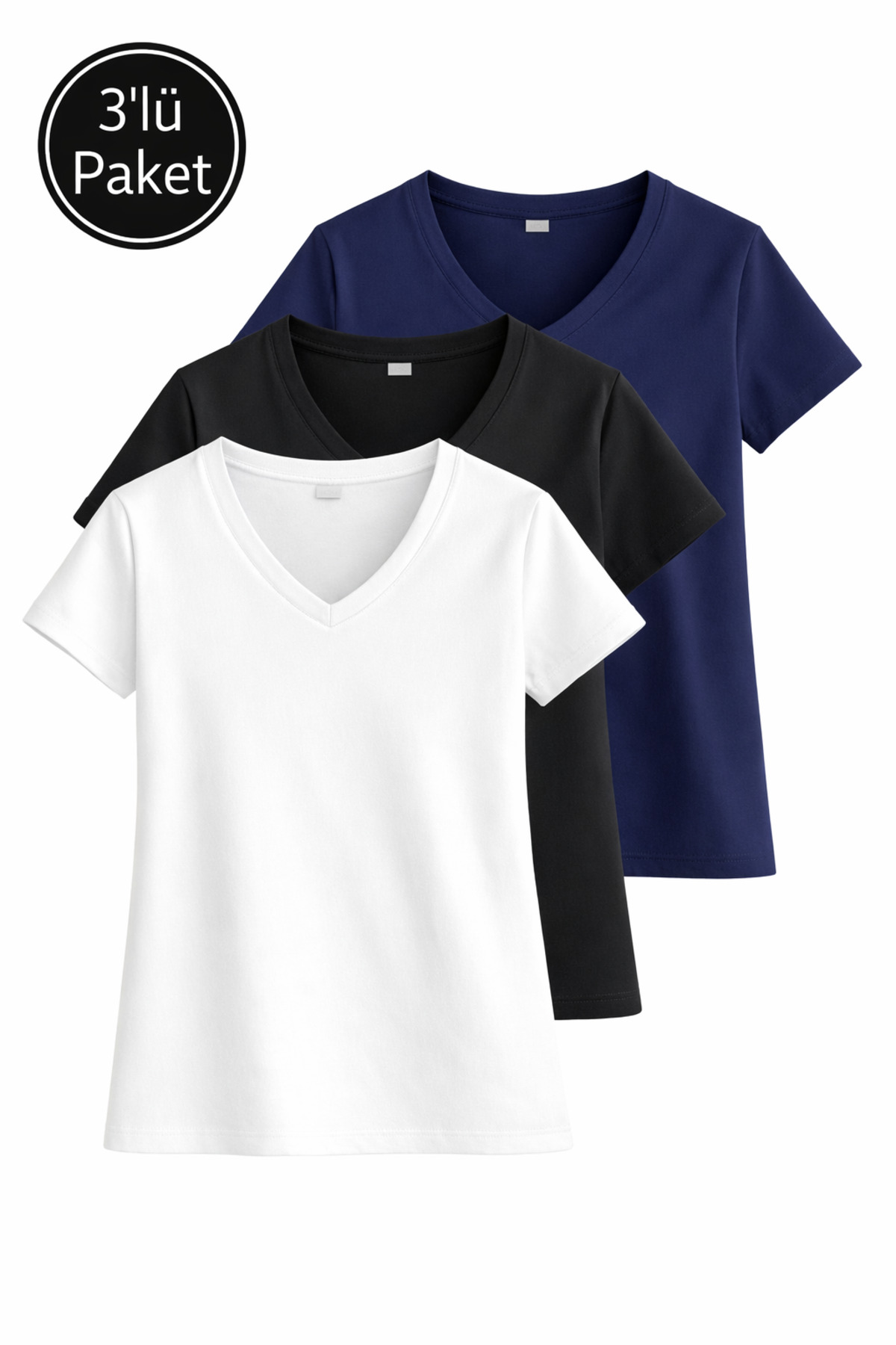 FHELIA  Kadın V Yaka %100 Pamuklu 3'Lü Tişört