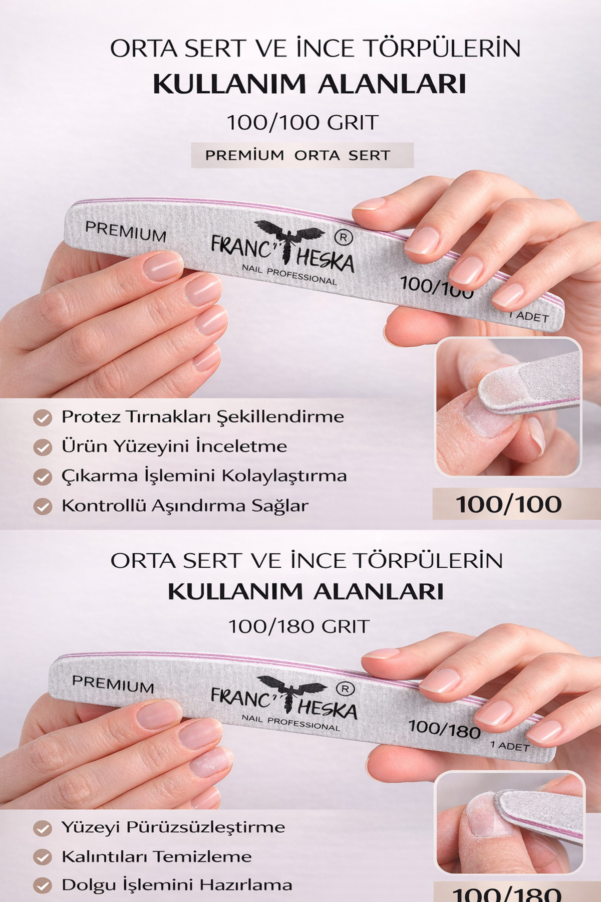 سوهان ناخن مصنوعی ۱۰۰/۱۰۰ Grit Premium با سختی متوسط ​​– قابل شستشو (۱ عدد) — FRCHSK-100GRT1 — تصویر 3 از 7