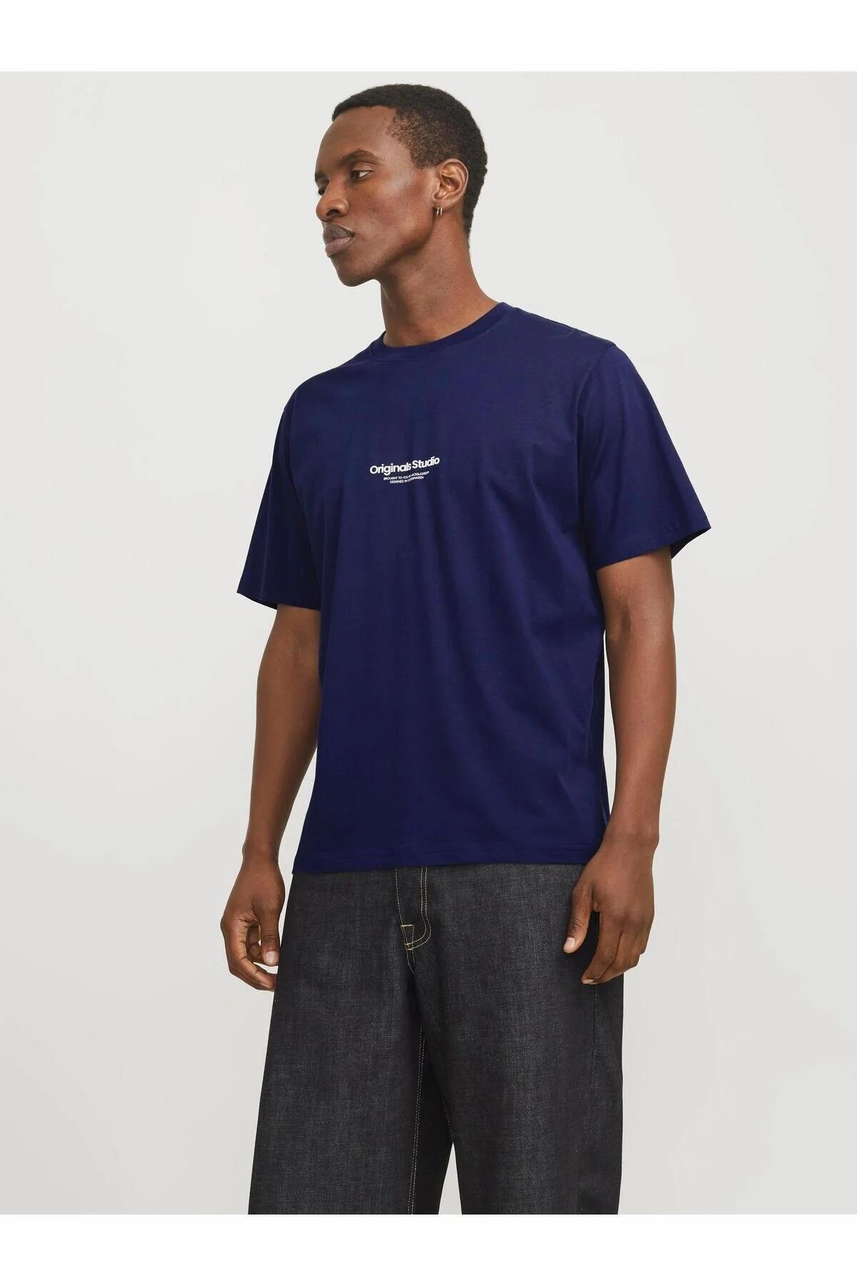 تی شرت مردانه یقه گرد سرمه ای Jorvesterbro مدل 12240121-Oceancave جک اند جونز تی شرت Jack & Jones
