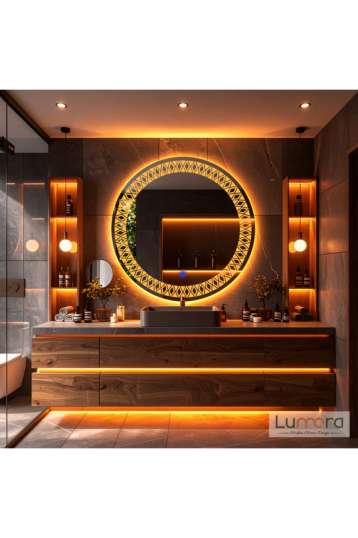 Velmira Laser Sandblasted Washbasin & Bathroom Mirror with Amber Led (Touch Sensor)