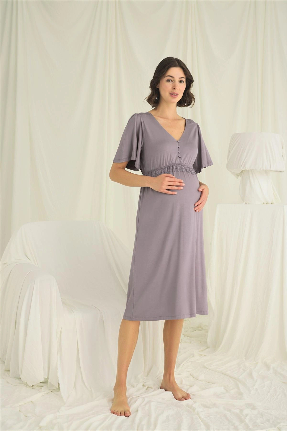 Çamaşır Kenti Dantelli Önü Düğmeli Hamile Lohusa Gecelik