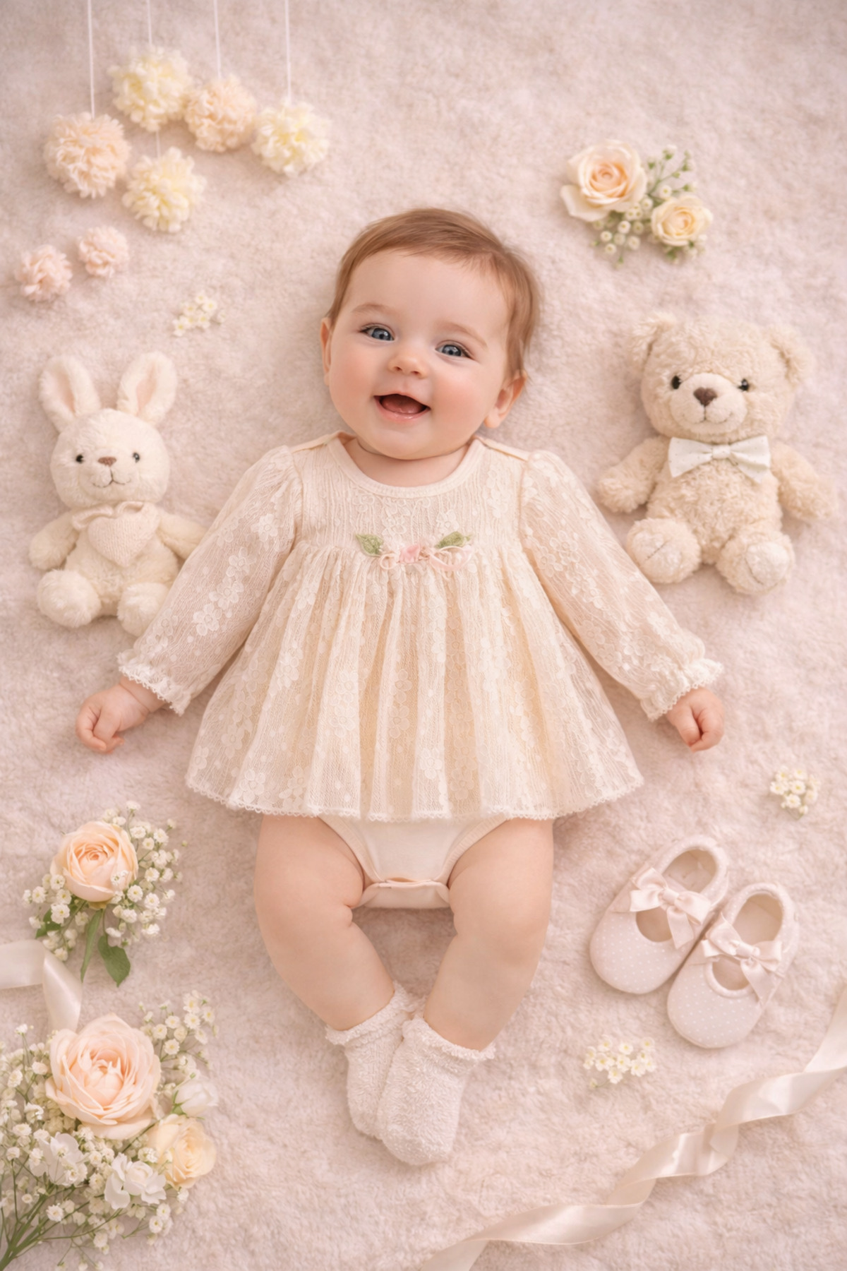 Ozz Baby PREMİUM YENİDOĞAN KIZ BEBEK (0-3) (3-6 ) AY DANTELLİ BADİ ELBİSE (HEDİYELİK ,MEVLÜT, BABYSHOWER )