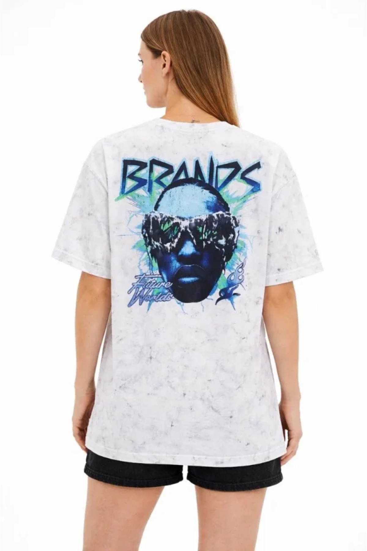 Asit Yıkamalı Oversize Tişört Future Worlds Baskılı Bisiklet Yaka Kısa Kollu Streetwear alternatif görünüm