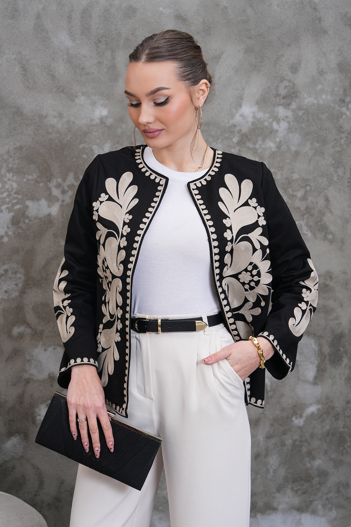 FancyWorld  Siyah Bej Desenli Nakış İşlemeli Vintage Ceket - Görsel 5