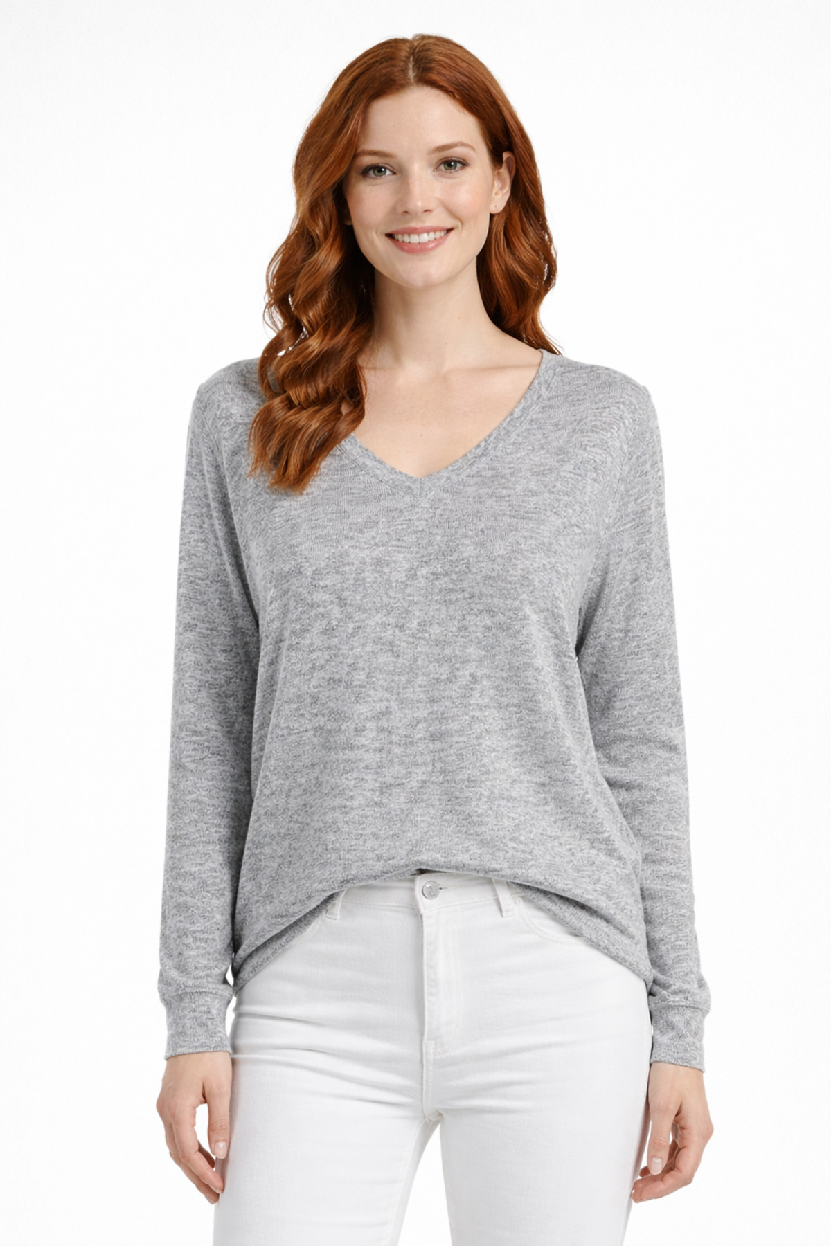 Gray Melange V-Neck Soft Textured Comfortable Fit Knitwear Sweater
