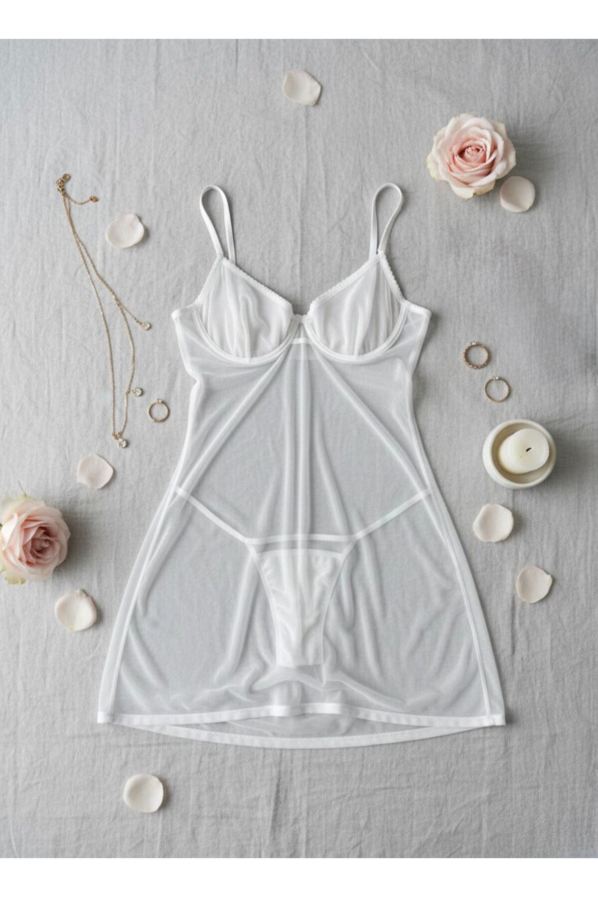 cdh çeyize dair herşey Vespera Arka Bağlama Detaylı Beyaz Tül Gecelik