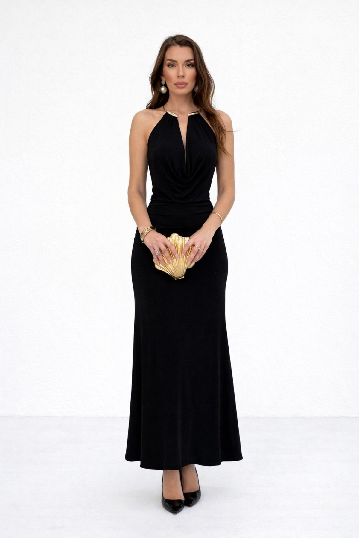 Women's Black Degage Neck Long Dress