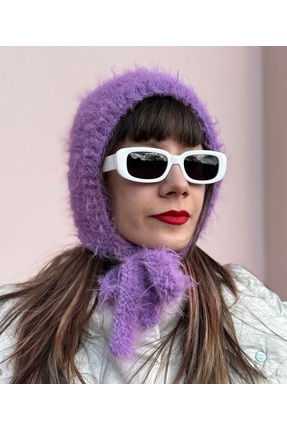 daldandala Lila rengi tüylü merino yün bone, el örgüsü bağcıklı balaclava