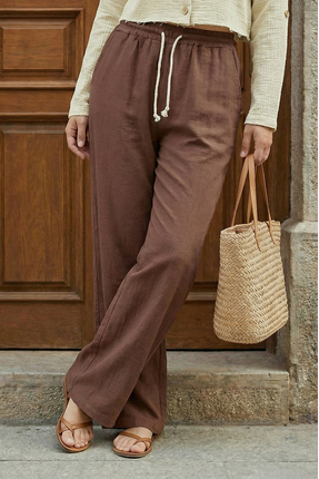 Sizce Moda Kadın Kahverengi Müslin Palazzo Pantolon Yüksek Bel Çift Cepli Gen...