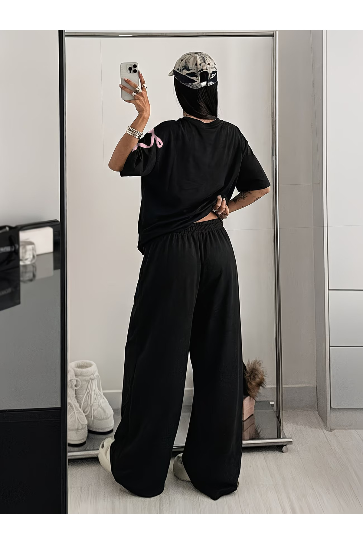 Unisex Never Give Up Baskılı Oversize Tshirt ve Baggy Eşofman Altı - Yazlık İkili Eşofman Takımı — مشکی darkopiawearny23 — تصویر 2 از 4