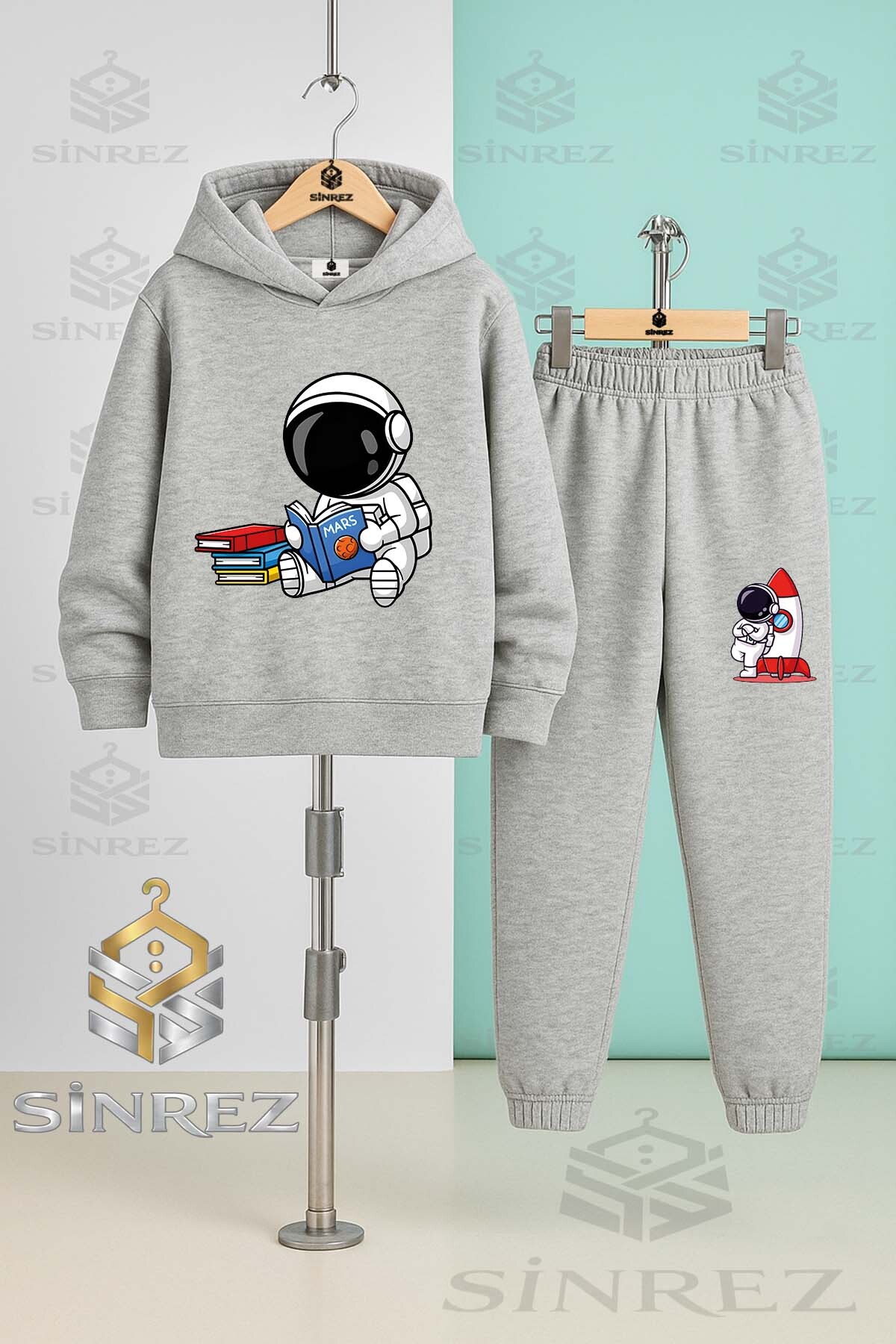 SİNREZ 3'Lü Çocuk Unısex ASTRONOT KITAP OKUYAN Baskılı Kapşonlu Eşofman Takımı fotoğrafı 3 (önizleme)