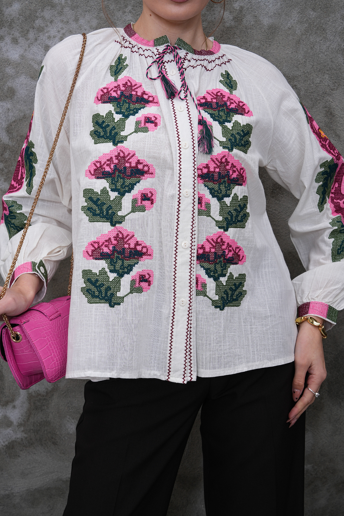 Balloon Sleeve Cross Stitch Embroidered Cotton Shirt