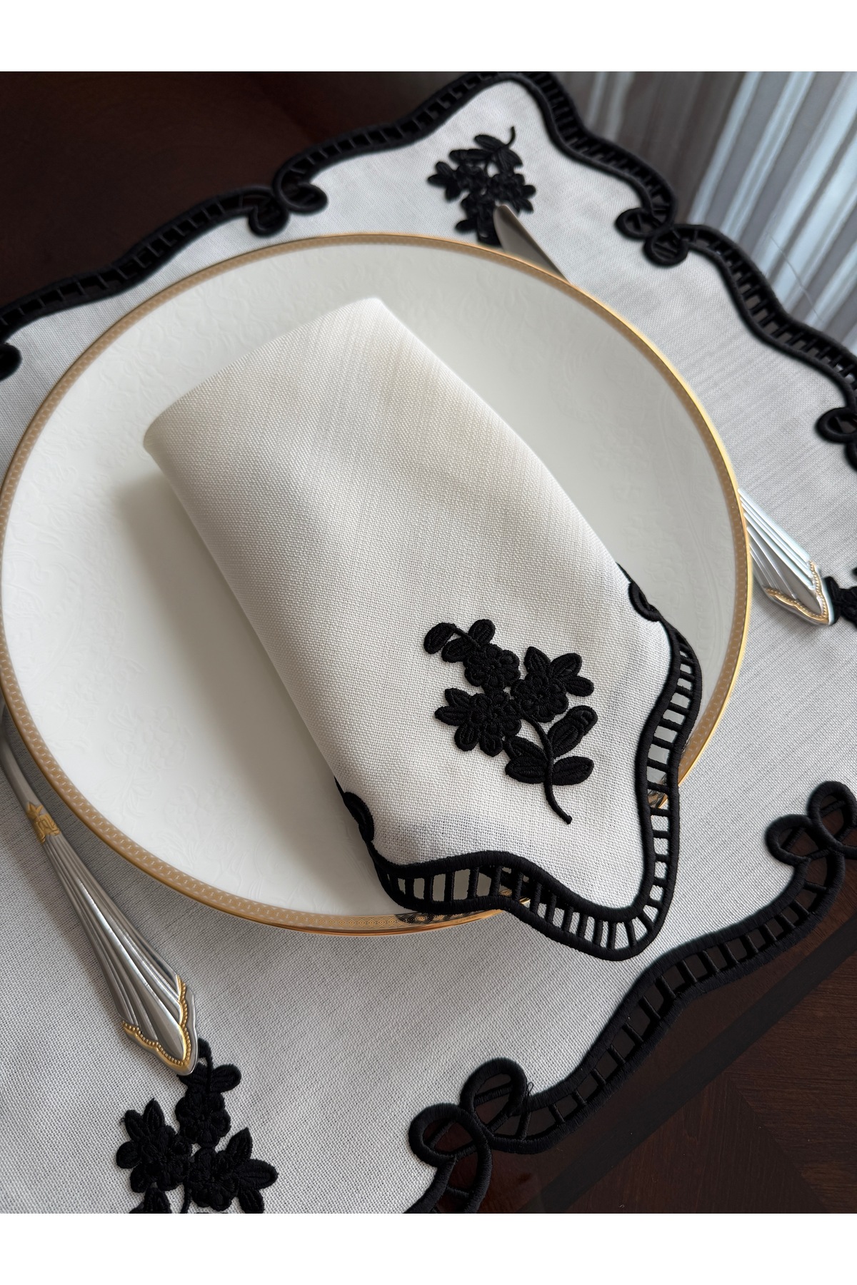 Perforated Service Serving Napkin. 35x35 cm Square. Value Model ( 1 Pc ) Black Embroidered