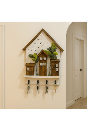 woodline Ahşap Ev Temalı Duvar Askılığı 25x36 cm–4 Kancalı Anahtarlık , El Ya...