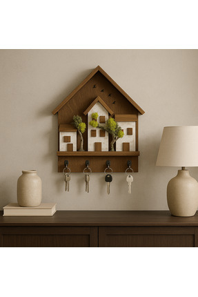 woodline Ahşap Ev Temalı Duvar Askılığı 25x36 cm–4 Kancalı Anahtarlık , El Ya...