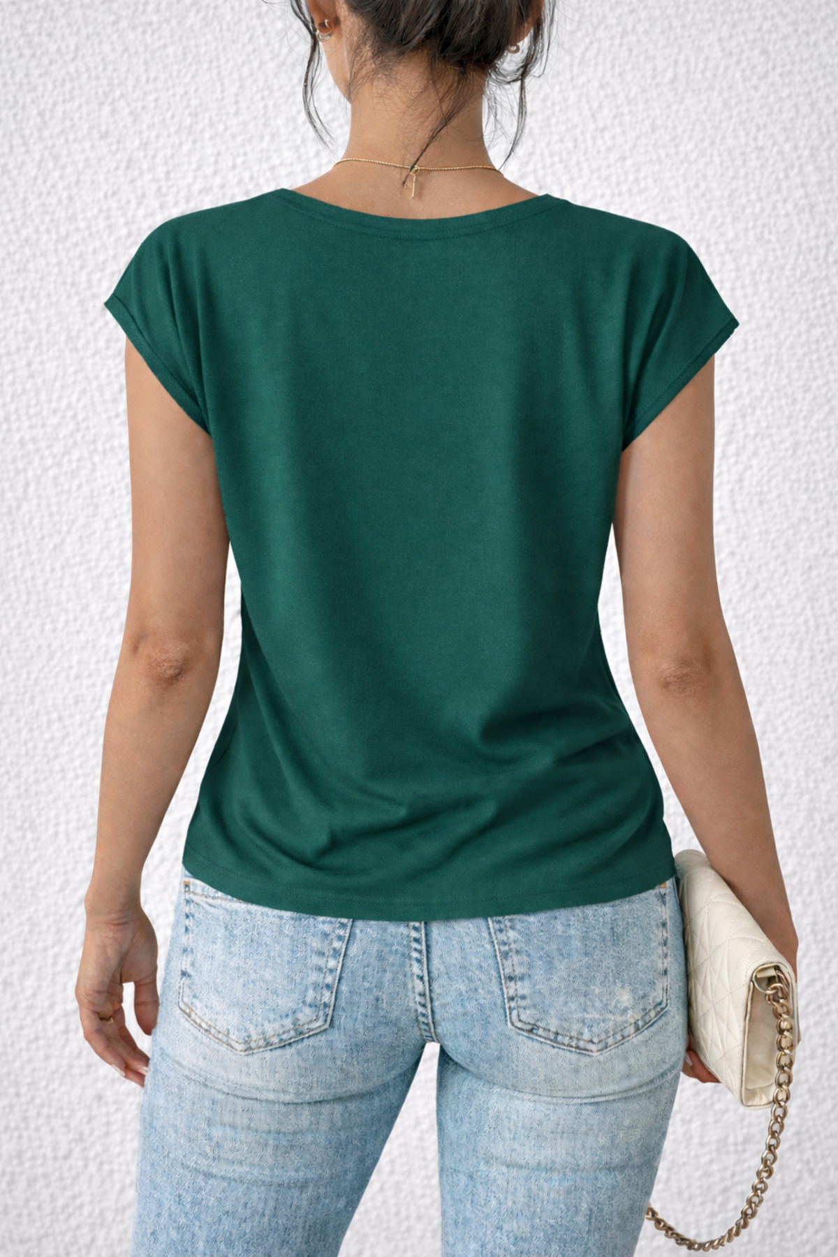 Deocept  Kadın V-Yaka Basic Baskısız Rahat Kalıp T-Shirt - Görsel 2