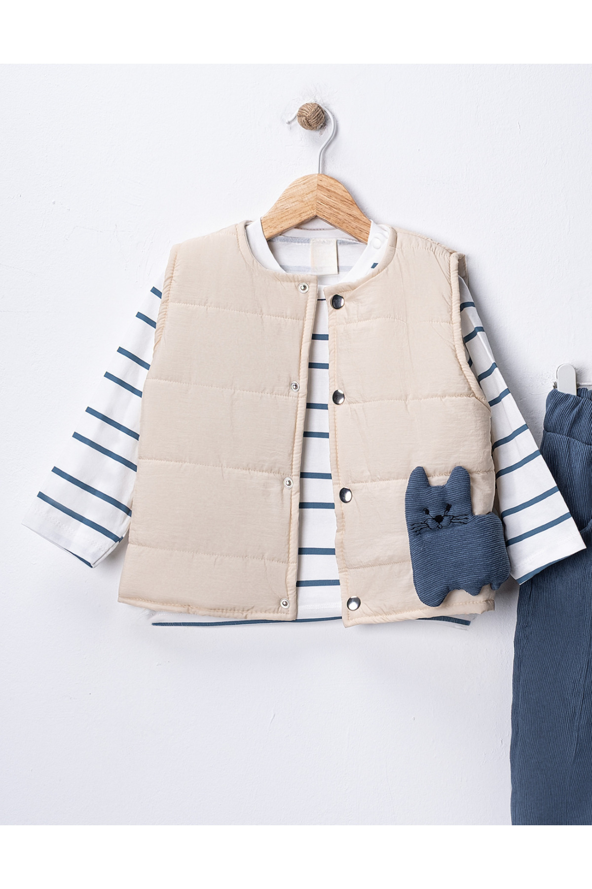 HARİKA KİDS Erkek Bebek 3’lü Takım 9-24 Ay Şişme Yelek %100 Pamuk Sweatshirt Kadife Pantolon fotoğrafı 4 (önizleme)