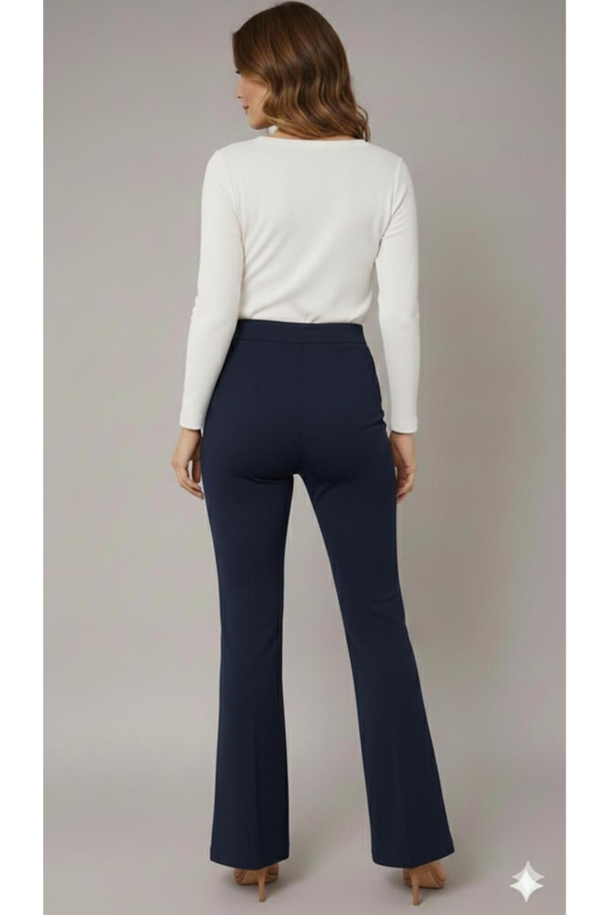 ECEYLÜL MODA  Kadın Lacivert Yüksek Bel Çimalı İspanyol Paça Flare Pantolon - Toparlayıcı Esnek Kumaş - Görsel 4