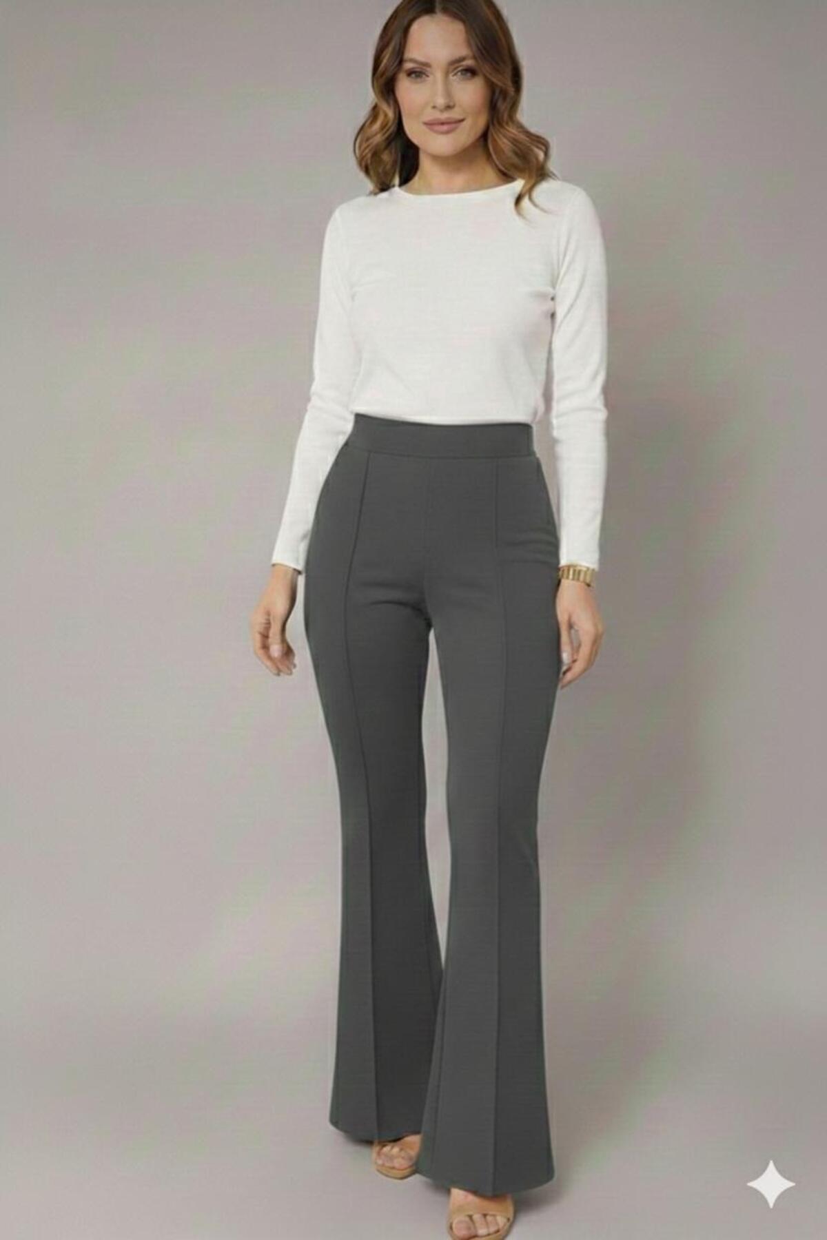 ECEYLÜL MODA  Kadın Füme Yüksek Bel Çimalı İspanyol Paça Flare Pantolon - Toparlayıcı Esnek Kumaş - Görsel 2