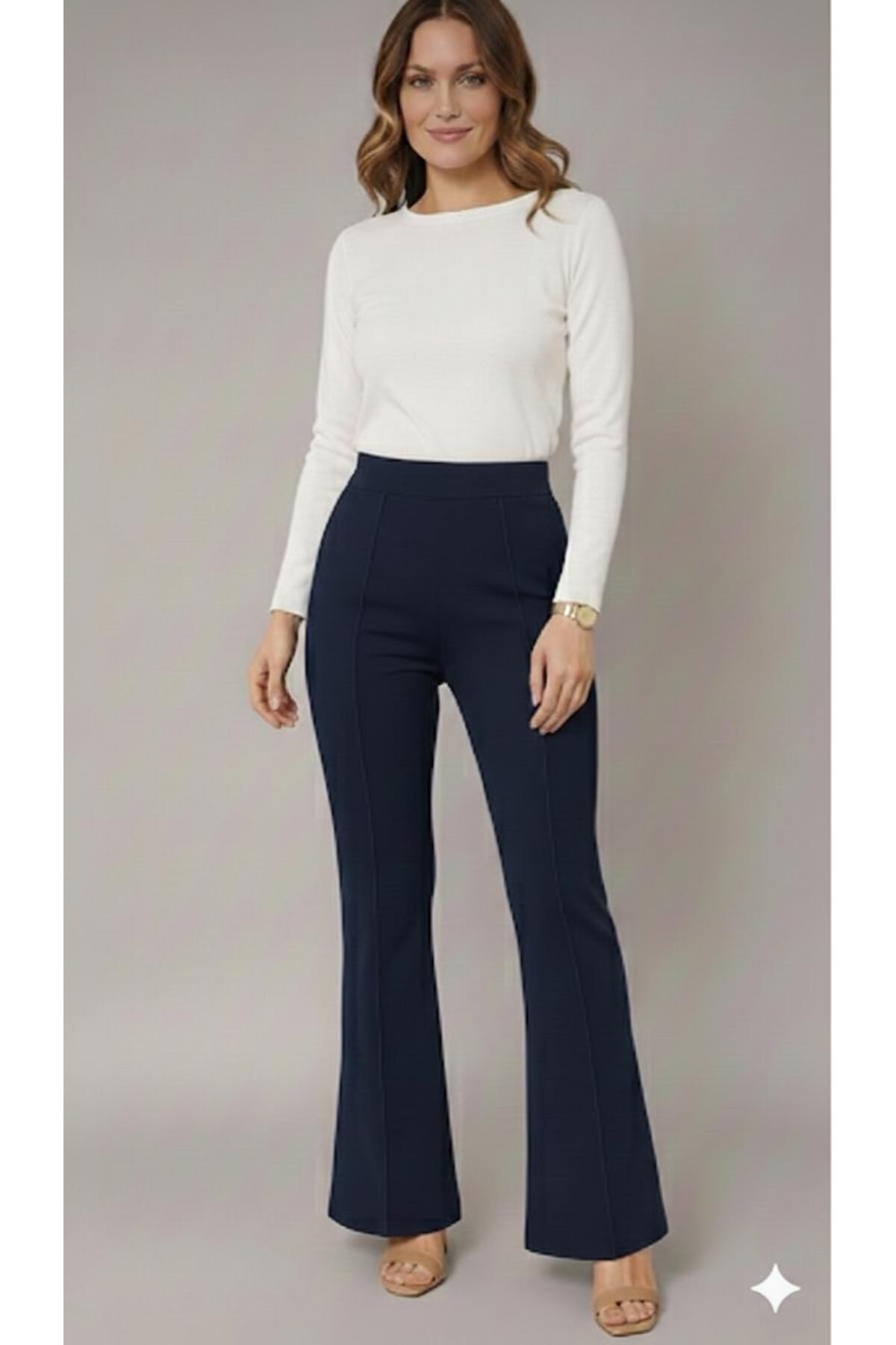 ECEYLÜL MODA  Kadın Lacivert Yüksek Bel Çimalı İspanyol Paça Flare Pantolon - Toparlayıcı Esnek Kumaş - Görsel 2