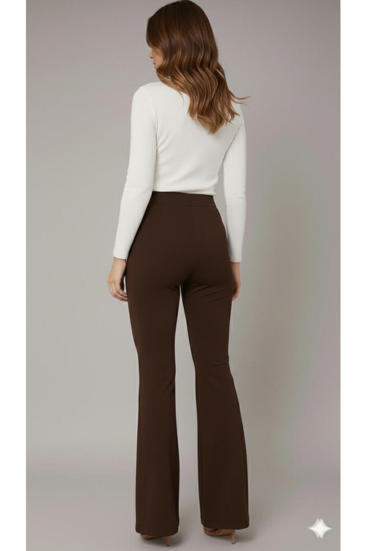 ECEYLÜL MODA  Kadın Siyah Yüksek Bel Çimalı İspanyol Paça Flare Pantolon - Toparlayıcı Esnek Kumaş - Görsel 4