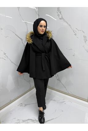 MODARTE Kadın Kürklü Panço Standart Beden Siyah – Kışlık Şık