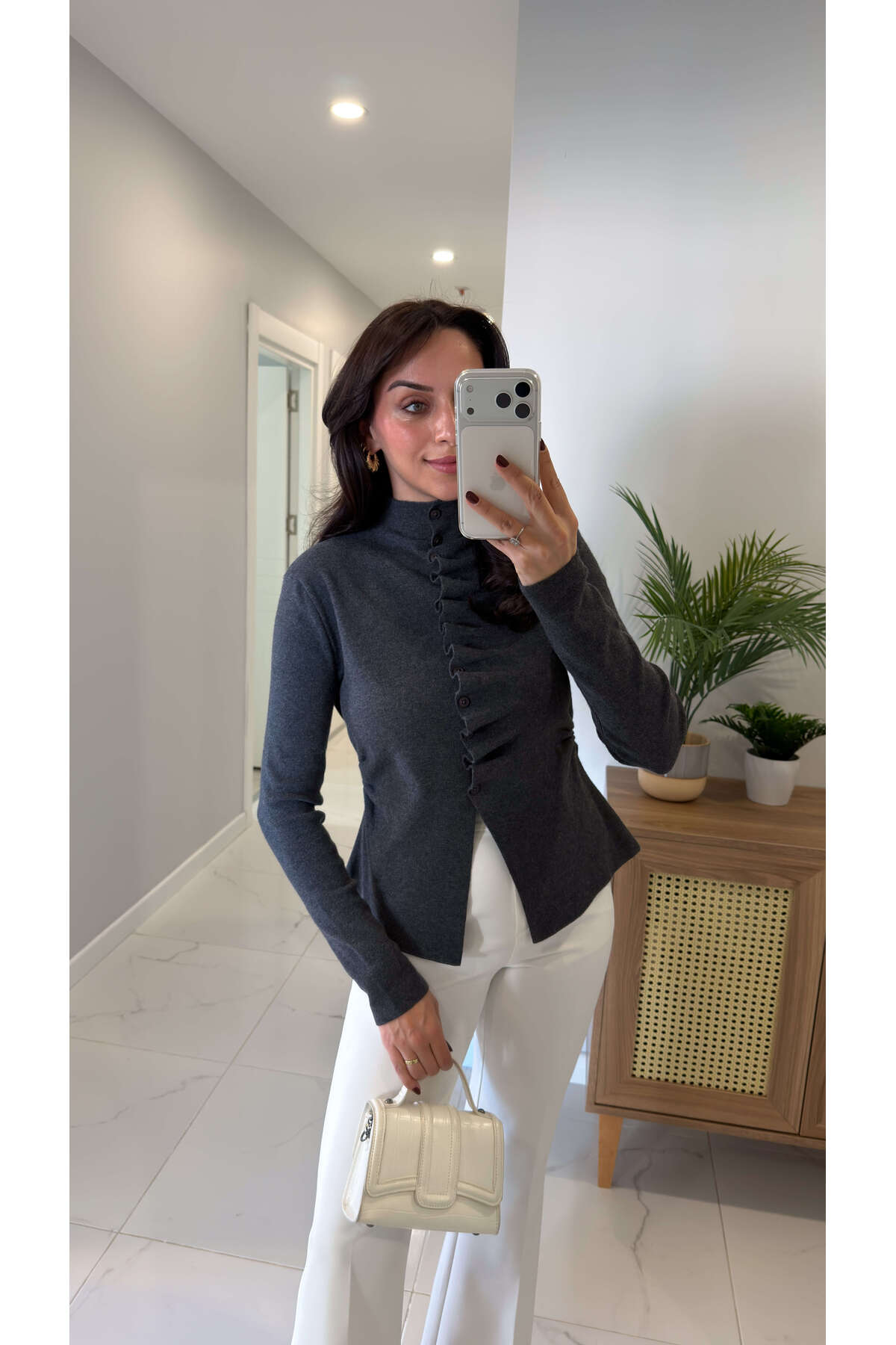 BİRCANÇİL  Cessil Antrasit Kendinden Büzgülü Hırka - Görsel 3