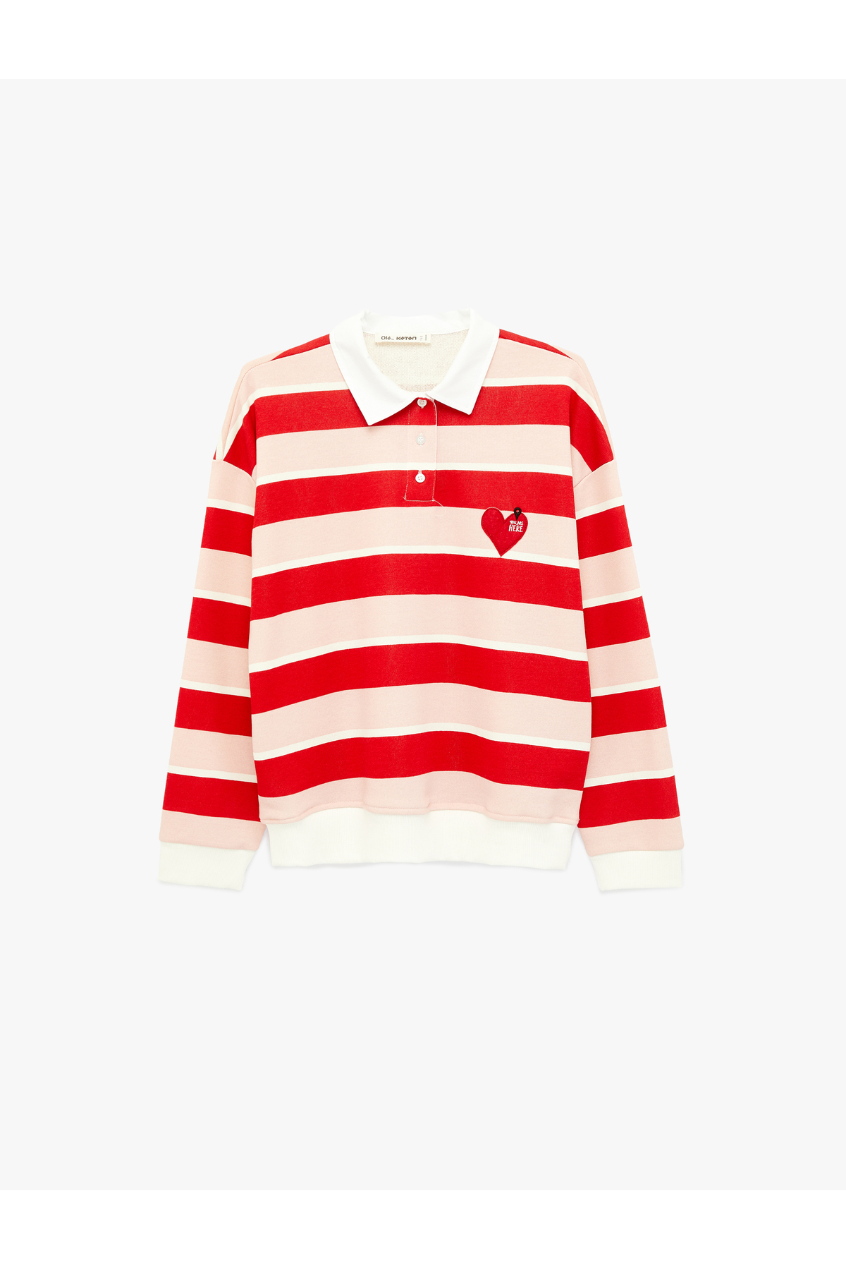 Koton Огромна раирана блуза с принт на сърце, поло яка и дълги ръкави с копчета