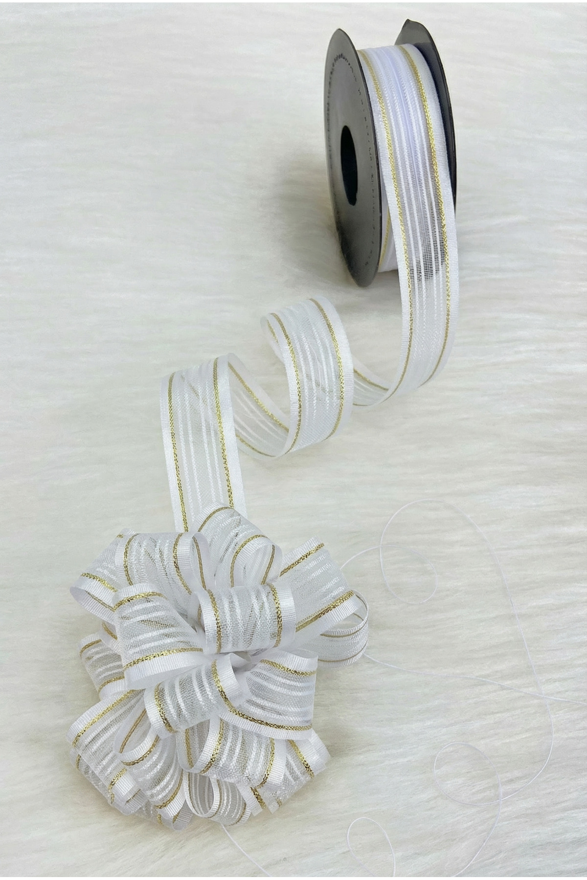 Drawable Chiffon Ribbon White Gold Sim 2.5cm 20mt, Bride, Bundle, Dowry, Engagement, Gift, Decoration