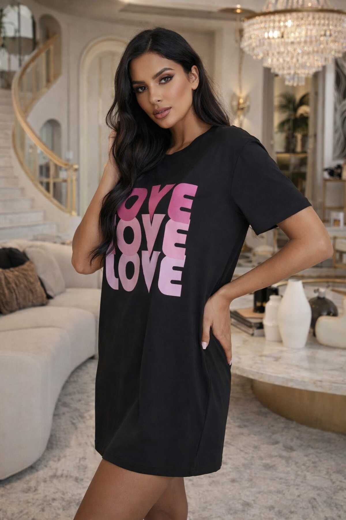 KDS Pamuklu Penye Kadın Baskılı Gecelik Elbise