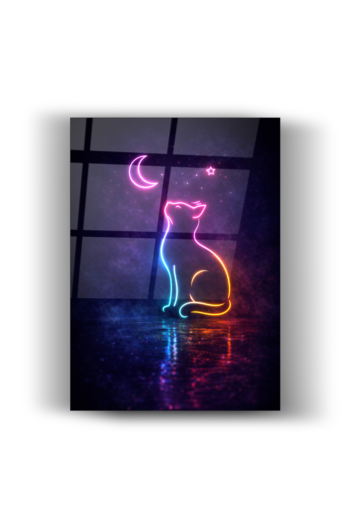 Neon Kedi Cam Tablo – Ay ve Yıldız Temalı Modern Renkli Premium Cam Tablo | Ev ve Ofis Dekorasyonu