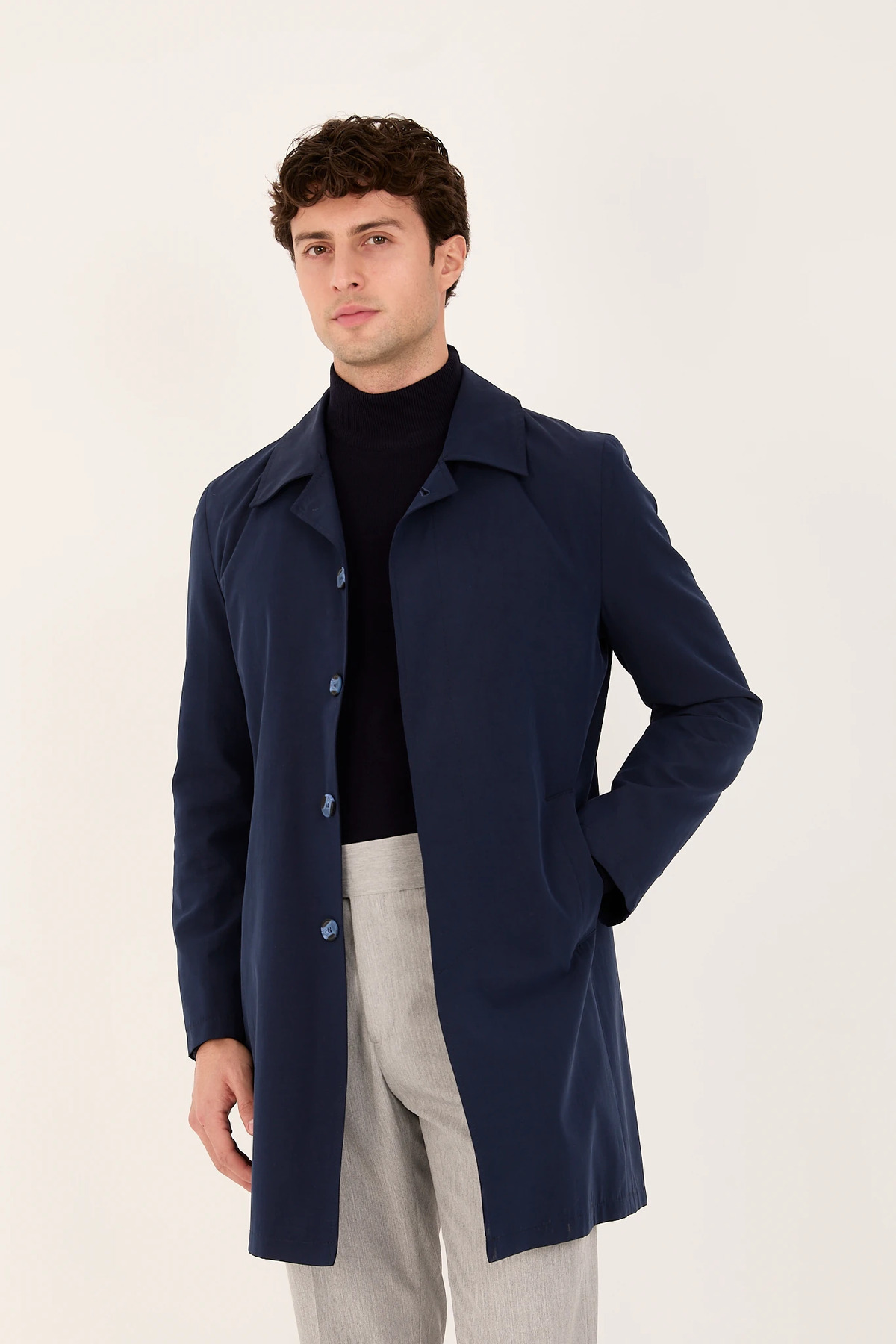 The Tailor Classics  Erkek Düğme Detaylı Uzun Trençkot - Görsel 4