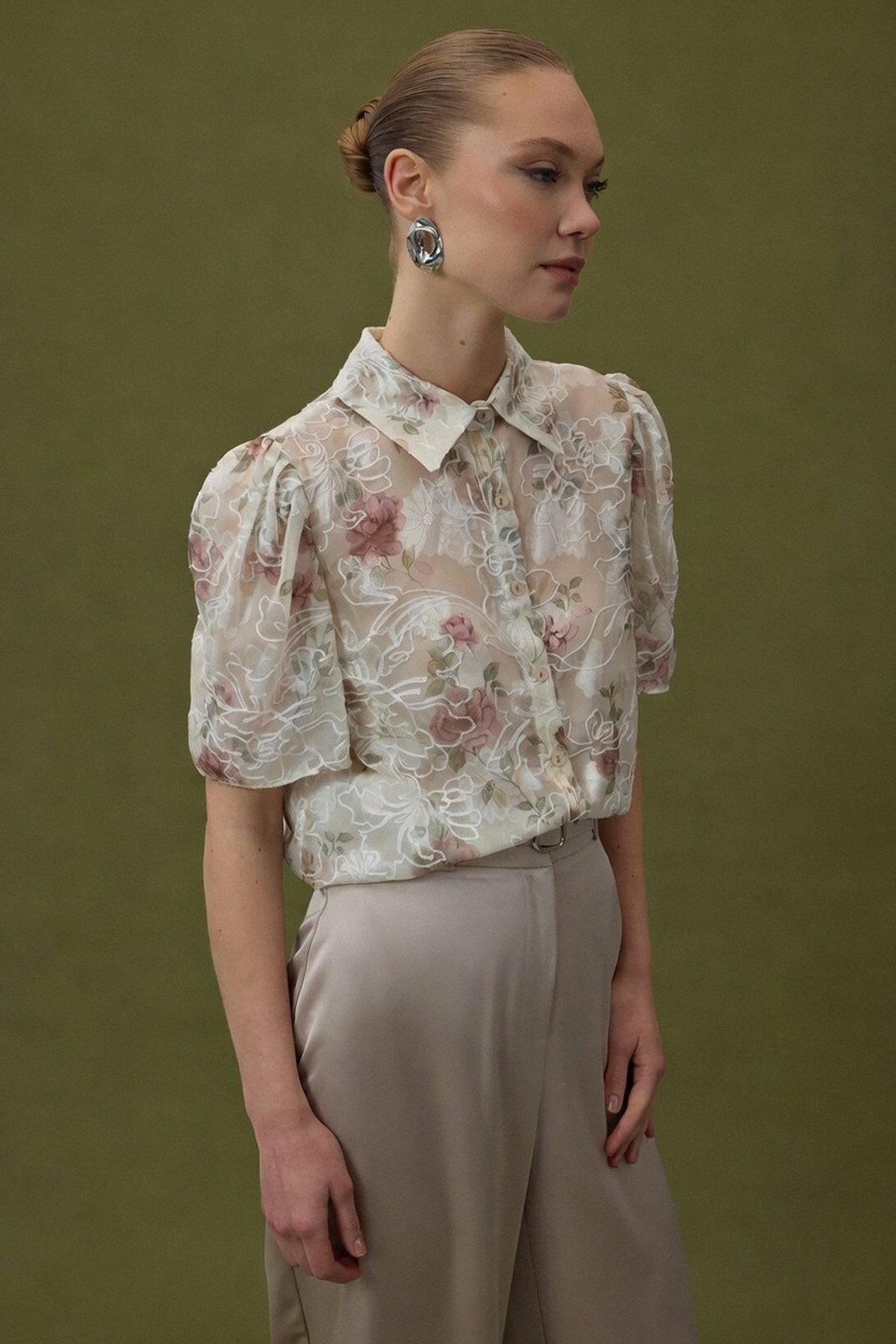 Sateen  Nakışlı Kısa Kollu Gömlek - Pudra - Görsel 2