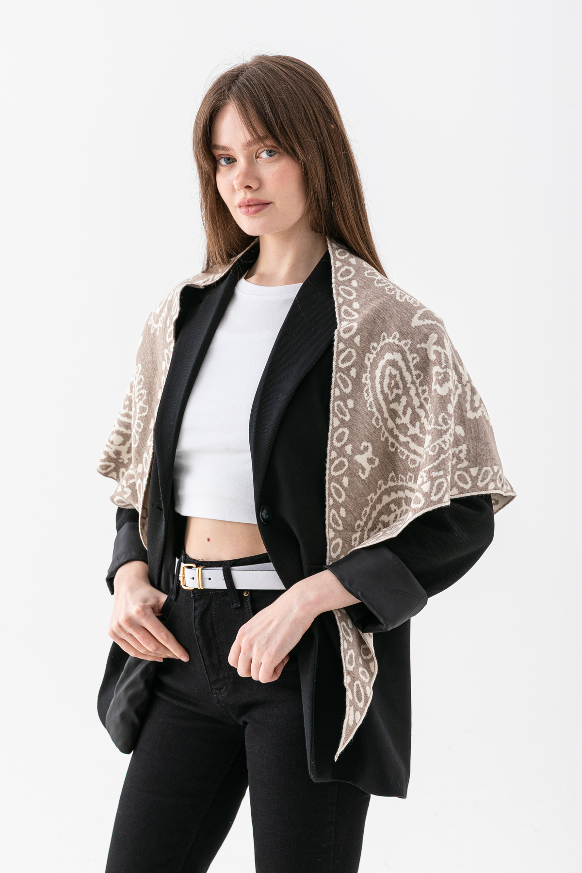 Wega Moda  Kadın Üçgen Desenli Çift Yönlü Triko Şal - Görsel 4