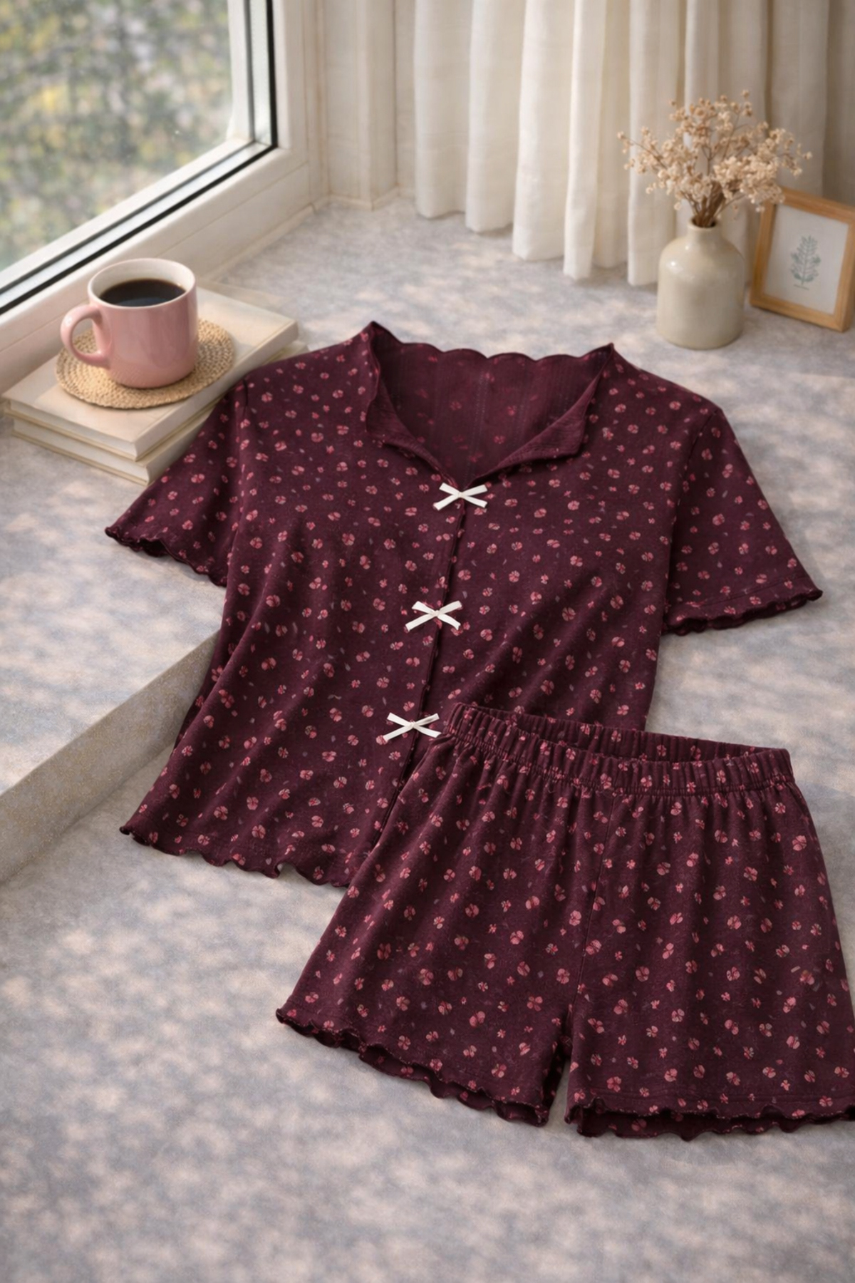 koza iç giyim Women's Floral Print Bow Detailed Ribbed Knit Short Sleeve Shorts Set