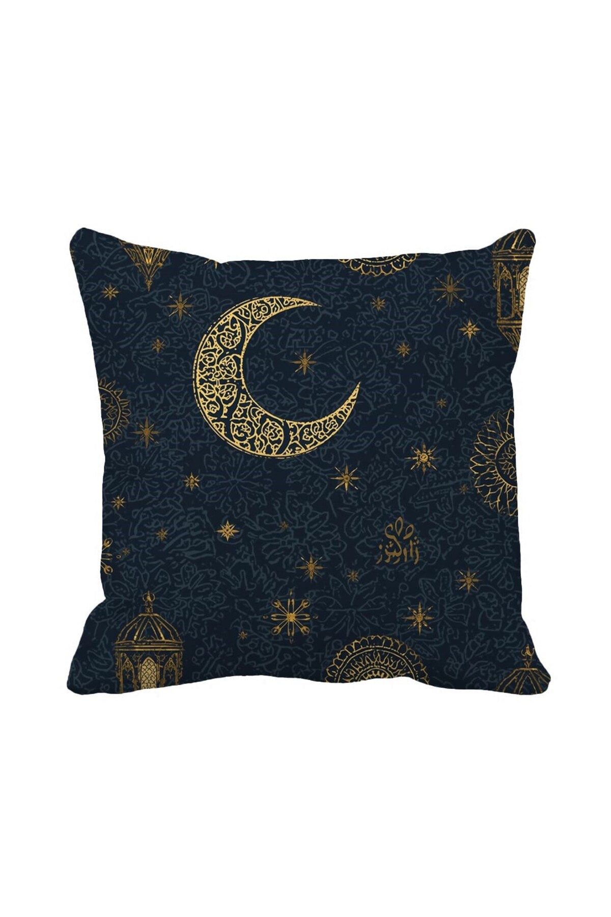 Luxurious Dark Navy Blue Decorative Cushion Cover with Golden Crescent Design - Ottoman-inspired Lounge Pillow