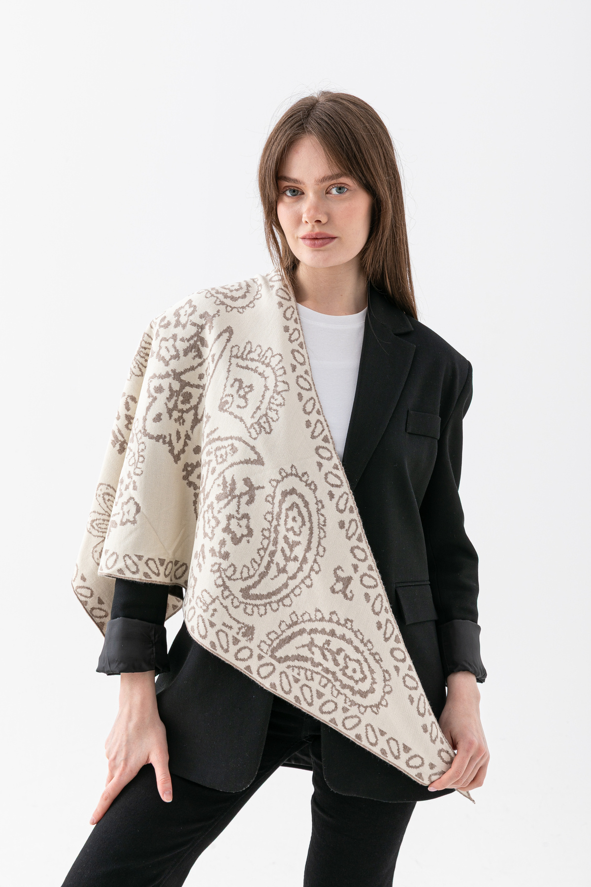 Wega Moda  Kadın Üçgen Desenli Çift Yönlü Triko Şal - Görsel 6