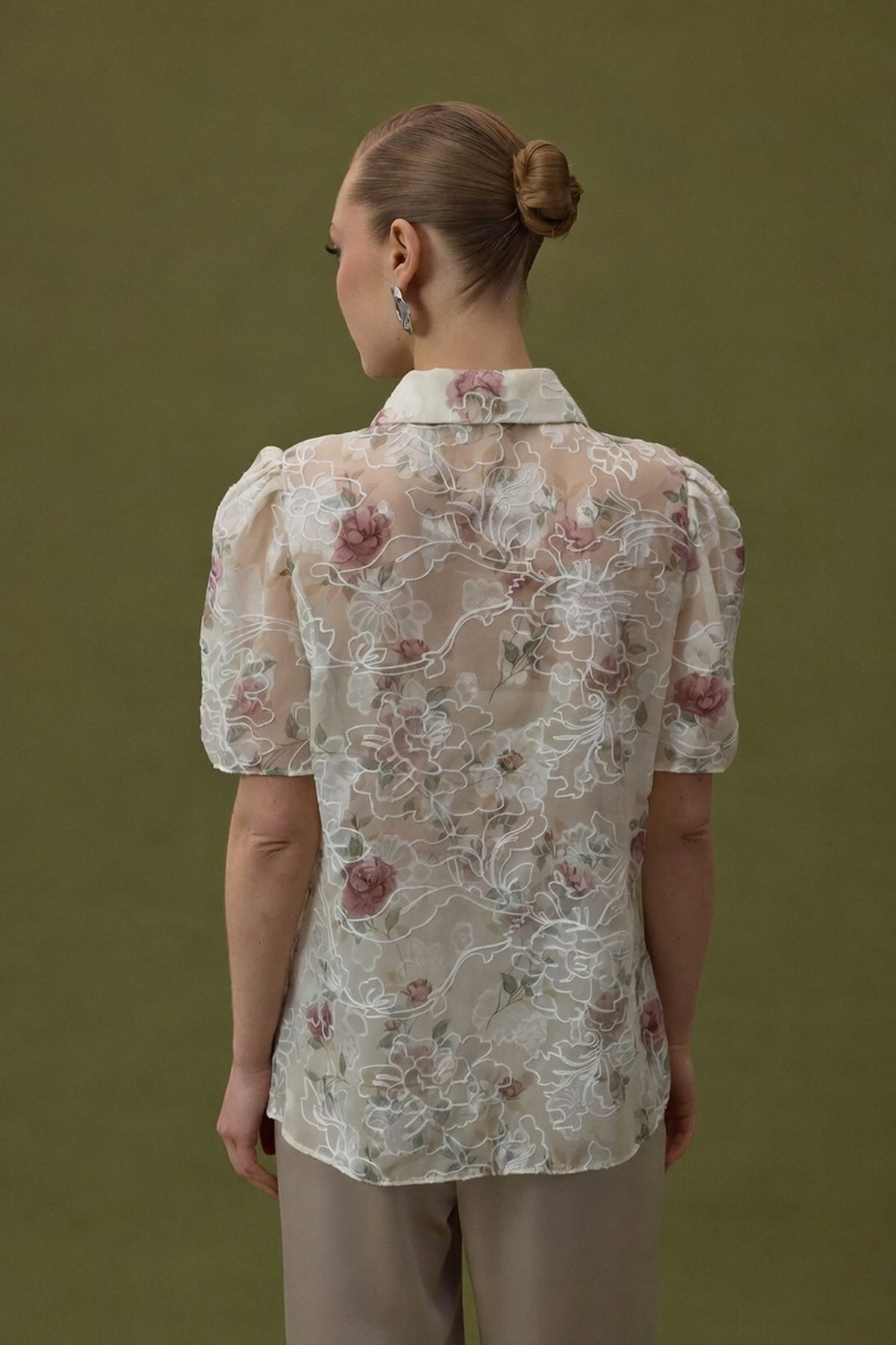 Sateen  Nakışlı Kısa Kollu Gömlek - Pudra - Görsel 5
