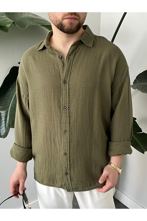 aksesuarista Erkek Haki Müslin Kumaş %100 Pamuk Cepsiz Gömlek