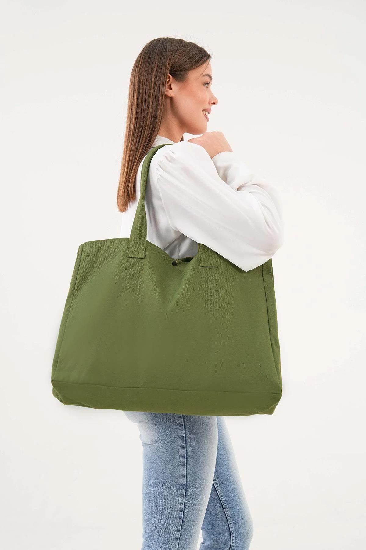 Bagg  3 Çıtlı Yağ Yeşili Büyük Boy Kanvas Çanta