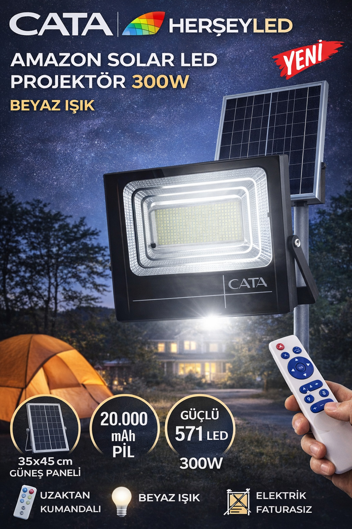 Cata (CT-4650) AMAZON SOLAR LED PROJEKTÖR 300W ( KUMANDALI ) BEYAZ