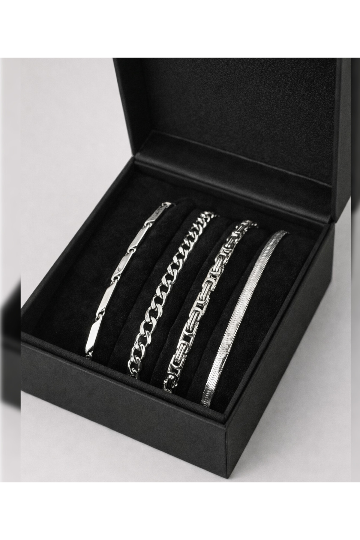 4-PIECE ITALY-KING-GURMET-CUBE-MEN SILVER COLOR STEEL SET BRACELET (BOXED DELIVERY)