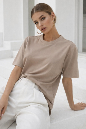 Rich Kadın Bej Premium Modal Kumaş Oversize T-Shirt