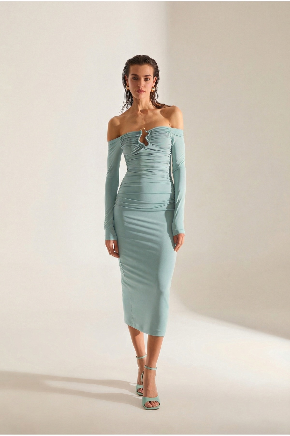 Mathilda Low Shoulder Water Green Midi Dress