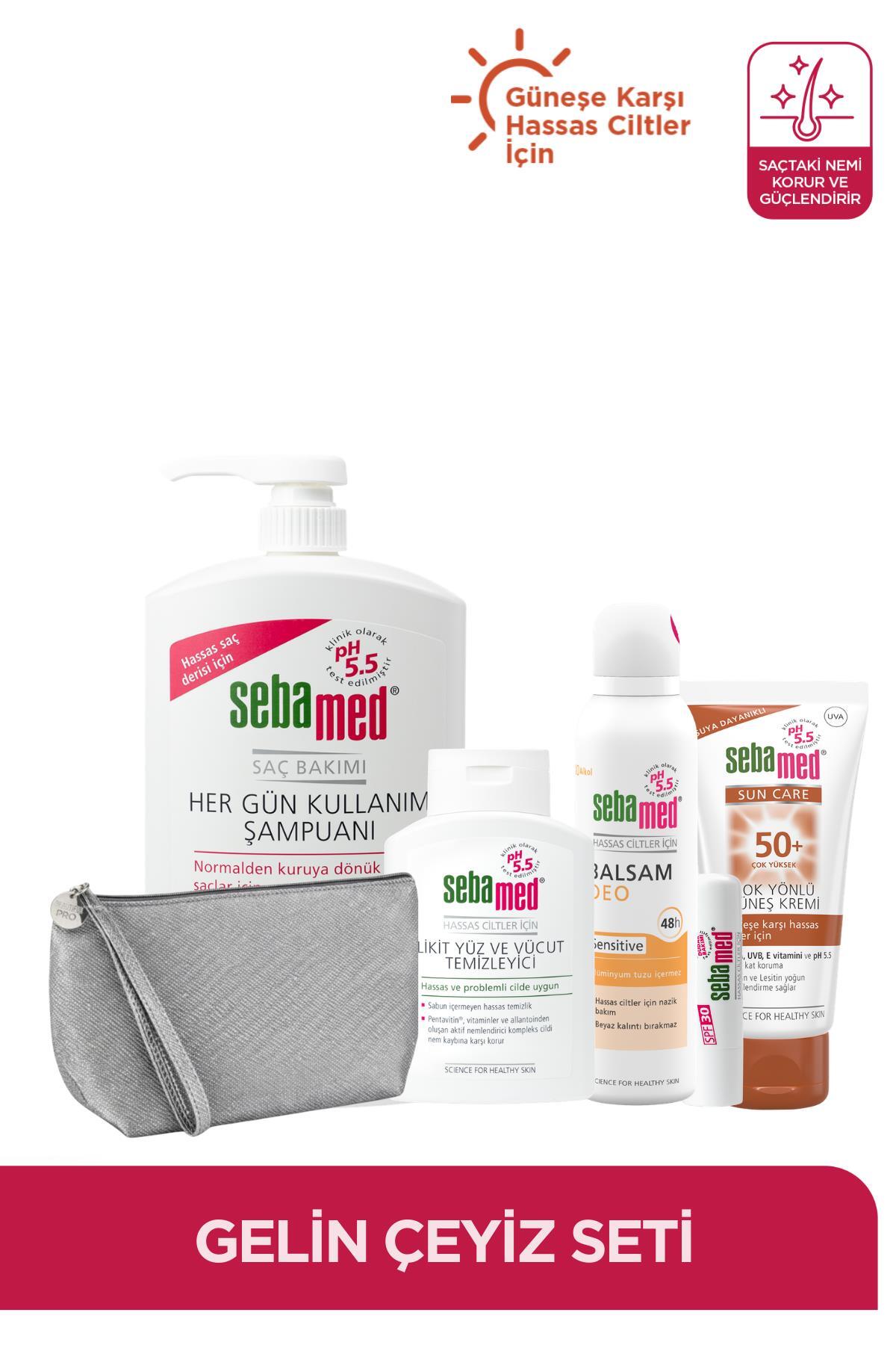 Sebamed Gelin Çeyiz Seti Şampuan Yüz ve Vücut Temizleyici Güneş Kremi Deodorant Lip Balm Çanta Hediyeli — SET.SBMD.34