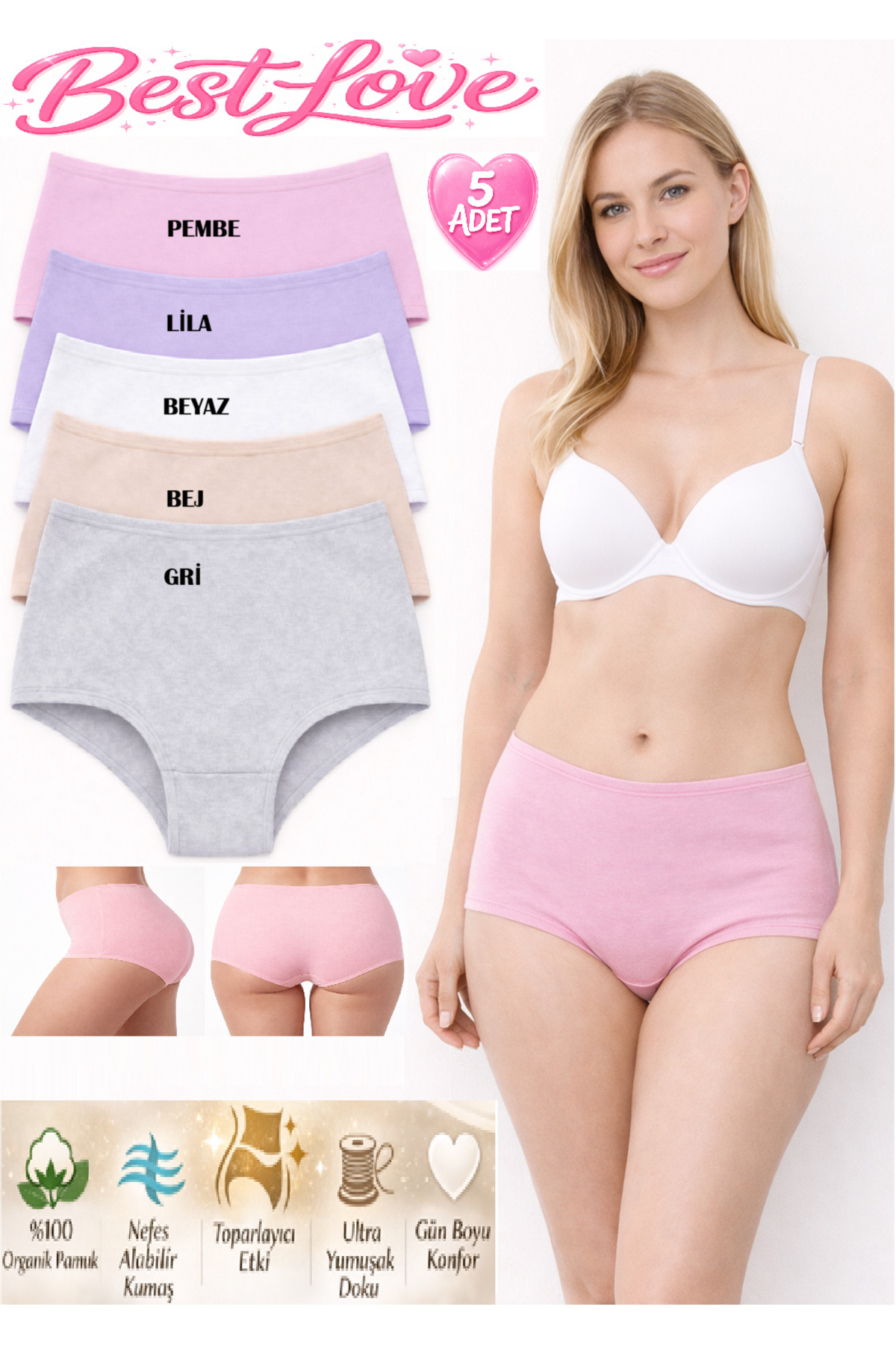BEST LOVE Women's Panties, Women's High Waist Bato Panties 5-Piece Multicolor...