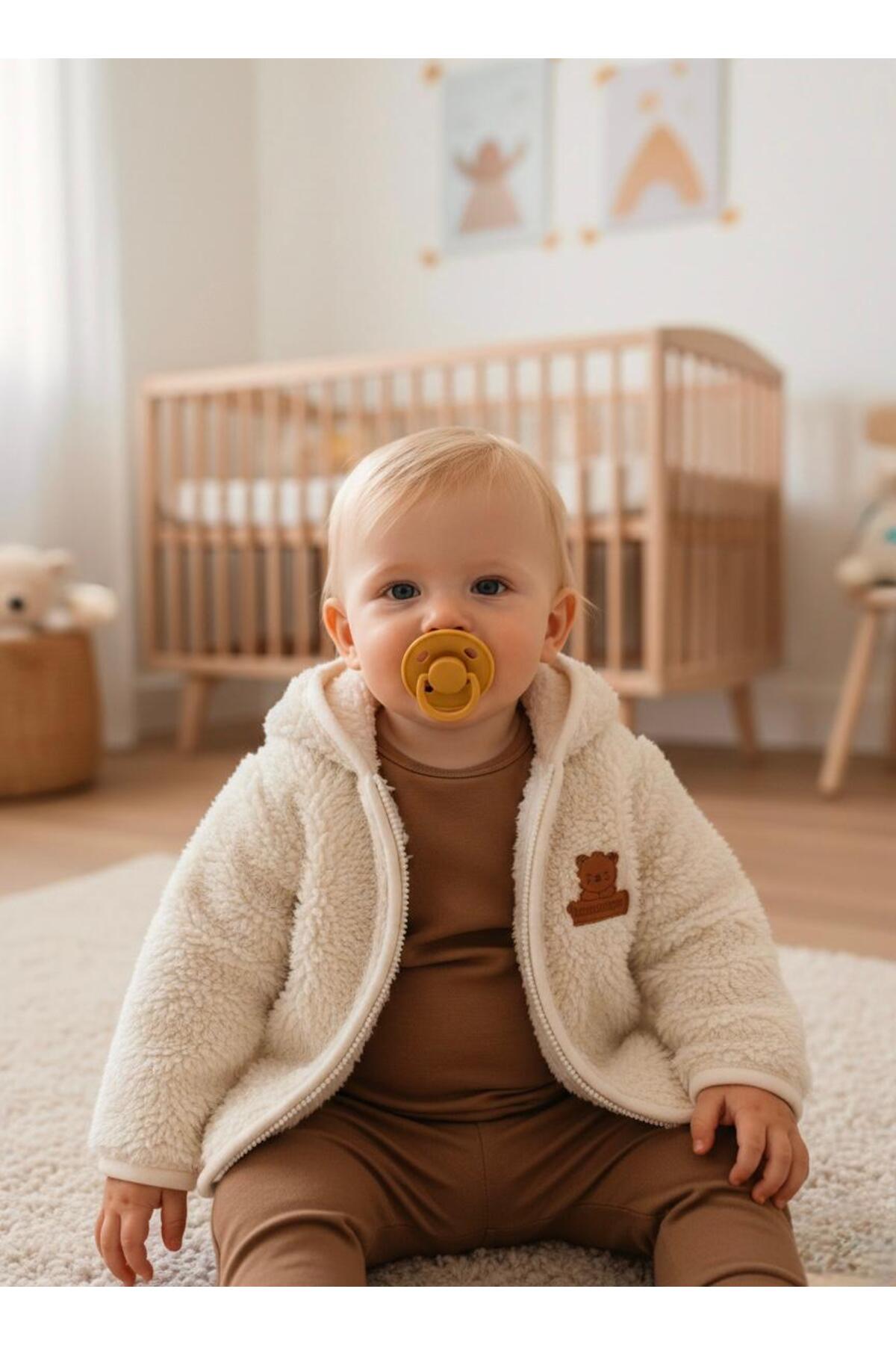 Lumos Trade Bebek Welsoft Peluş Kapüşonlu Hırka Krem Bej – Fermuarlı Yumuşak Kışlık Bebek Ceket 6-24 Ay fotoğrafı 2 (önizleme)